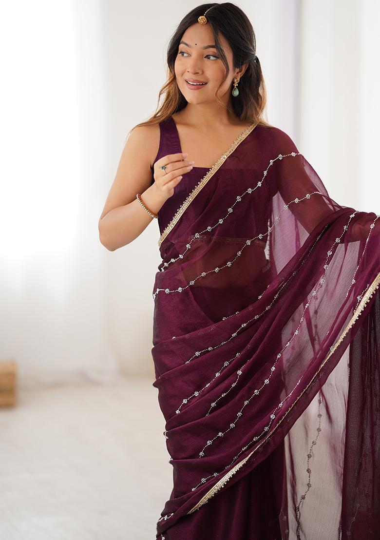 Wine Sequin Georgette Saree Set - Indya