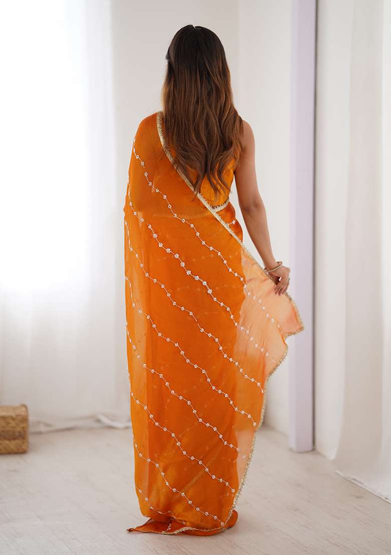 Yellow Sequin Georgette Saree Set for Diwali and Festive Wear - Indya