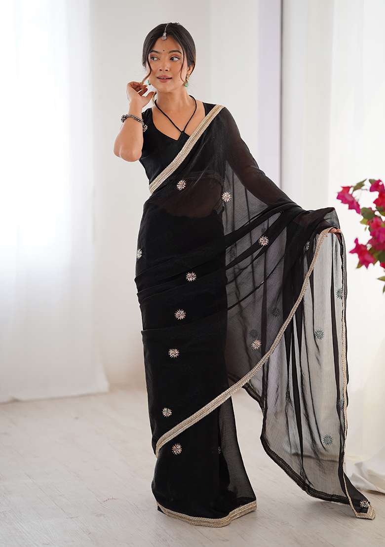 Black Sequin Georgette Saree Set for Diwali and Festive Wear - Indya