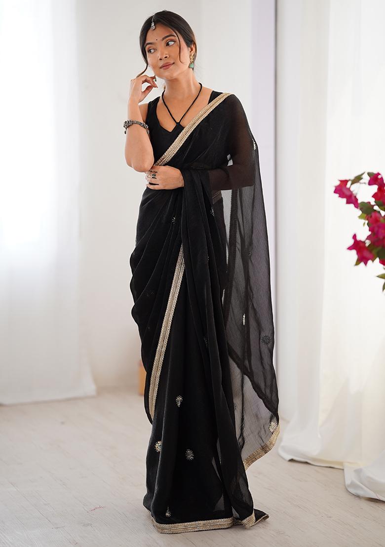 Black Sequin Georgette Saree Set - Indya