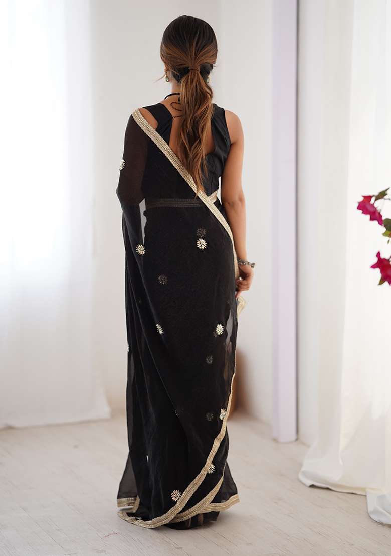 Black Sequin Georgette Saree Set for Diwali and Festive Wear - Indya