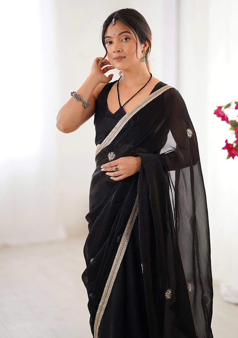 Black Sequin Georgette Saree Set - Indya