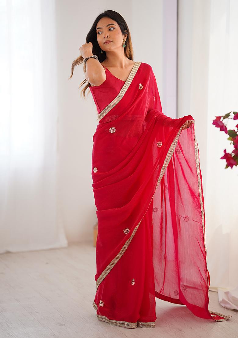 Red Sequin Georgette Saree Set - Indya