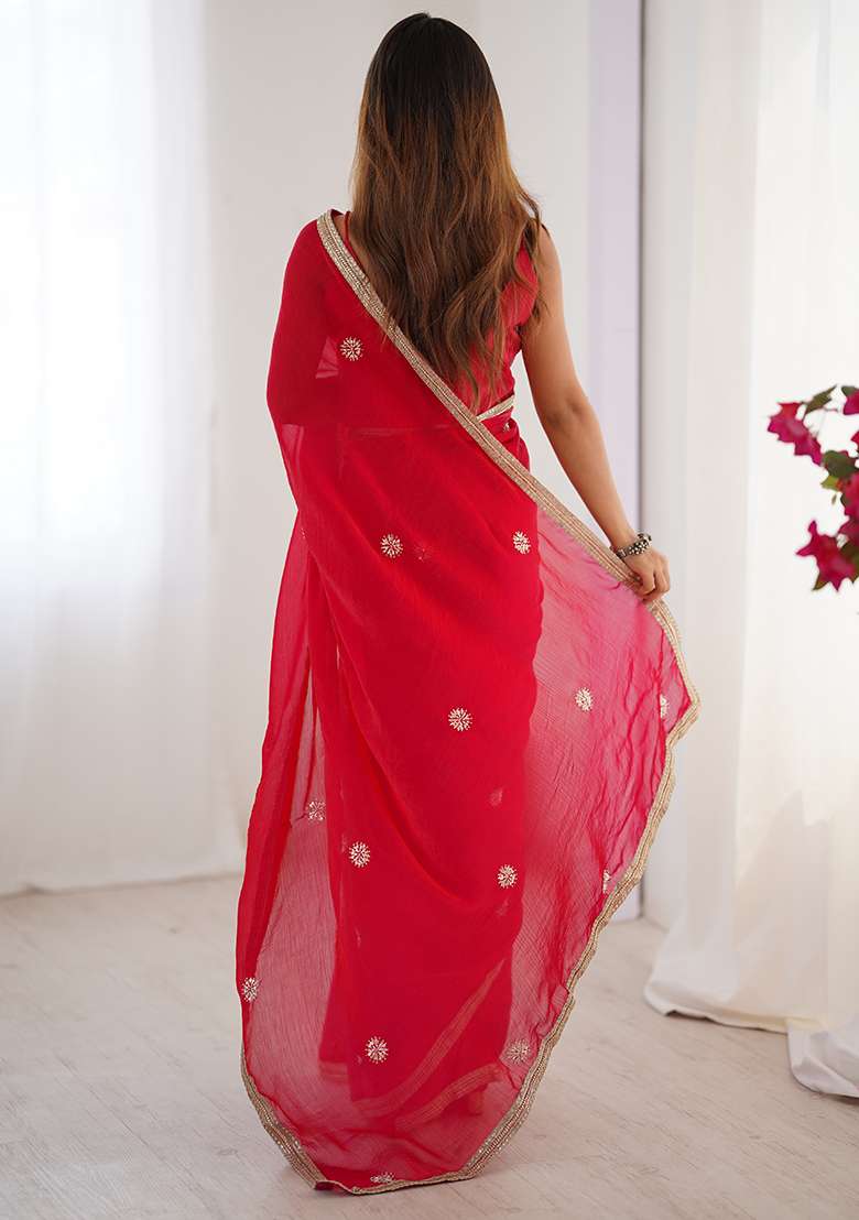 Red Georgette Saree Set with Sequin for Diwali | Wedding & Festive Wear - Indya