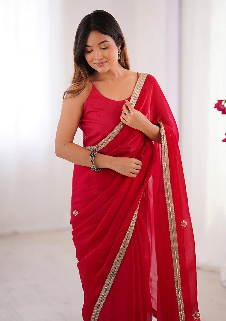 Red Sequin Georgette Saree Set - Indya