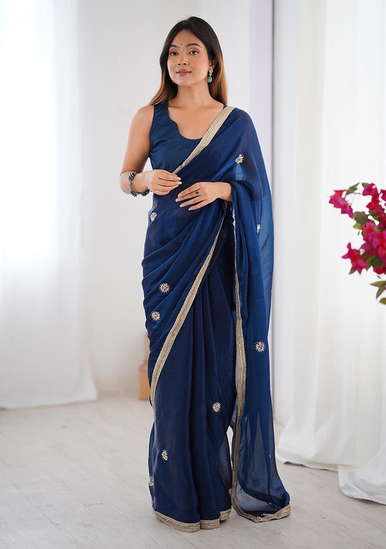 Teal Blue Sequin Georgette Saree Set - Indya