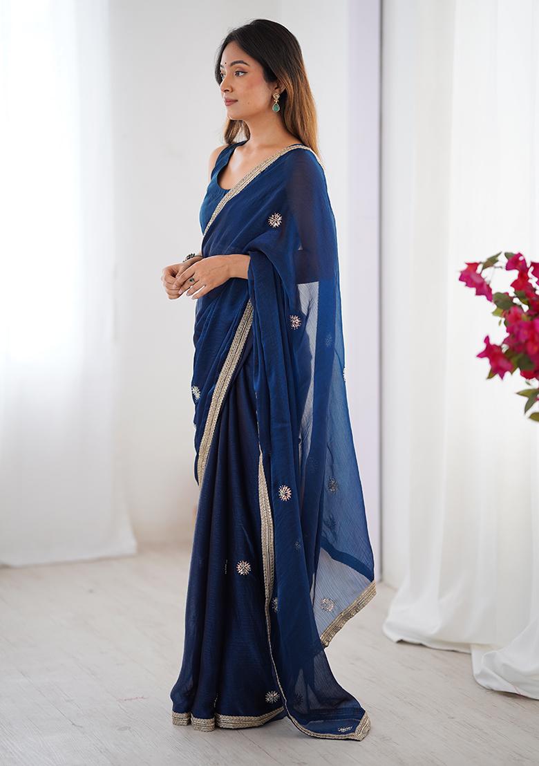 Teal Blue Sequin Georgette Saree Set - Indya