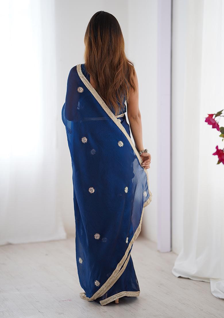 Teal Blue Sequin Georgette Saree Set - Indya