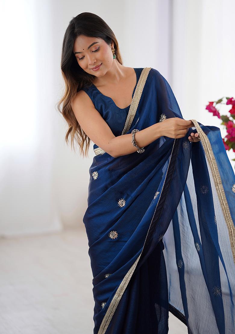 Teal Blue Sequin Georgette Saree Set - Indya