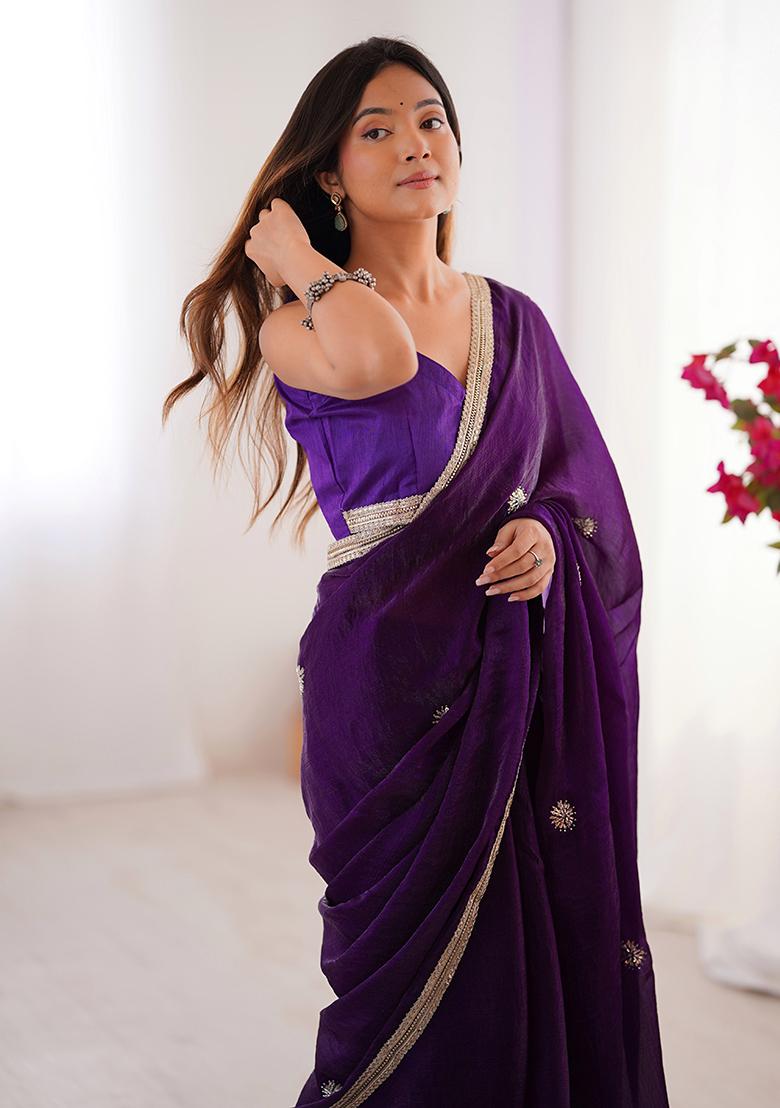 Wine Sequin Georgette Saree Set - Indya