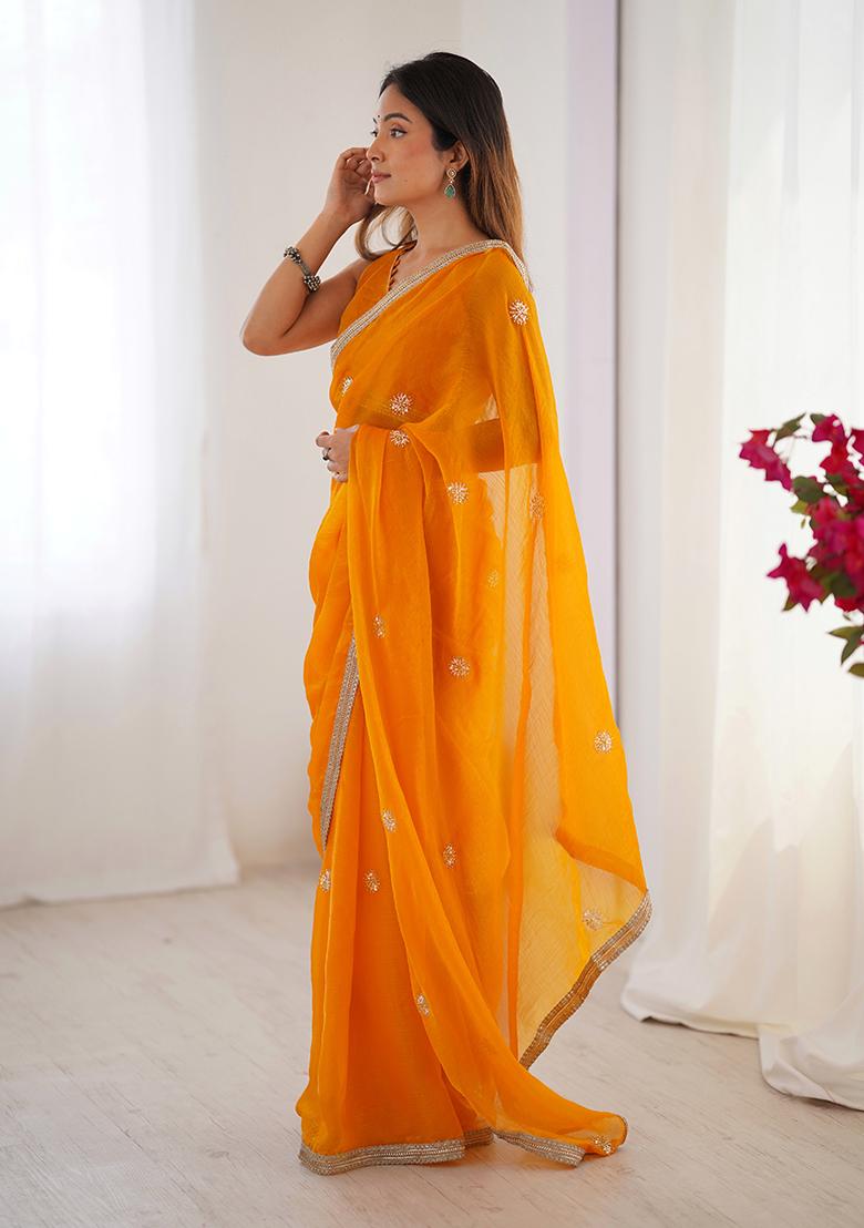 Yellow Sequin Georgette Saree Set - Indya