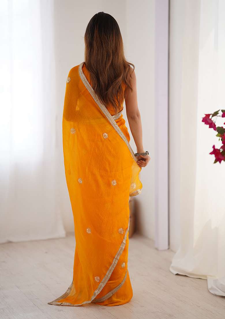 Yellow Sequin Georgette Saree Set for Diwali and Festive Wear - Indya