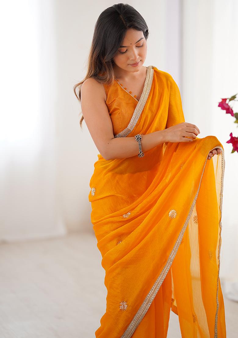 Yellow Sequin Georgette Saree Set - Indya