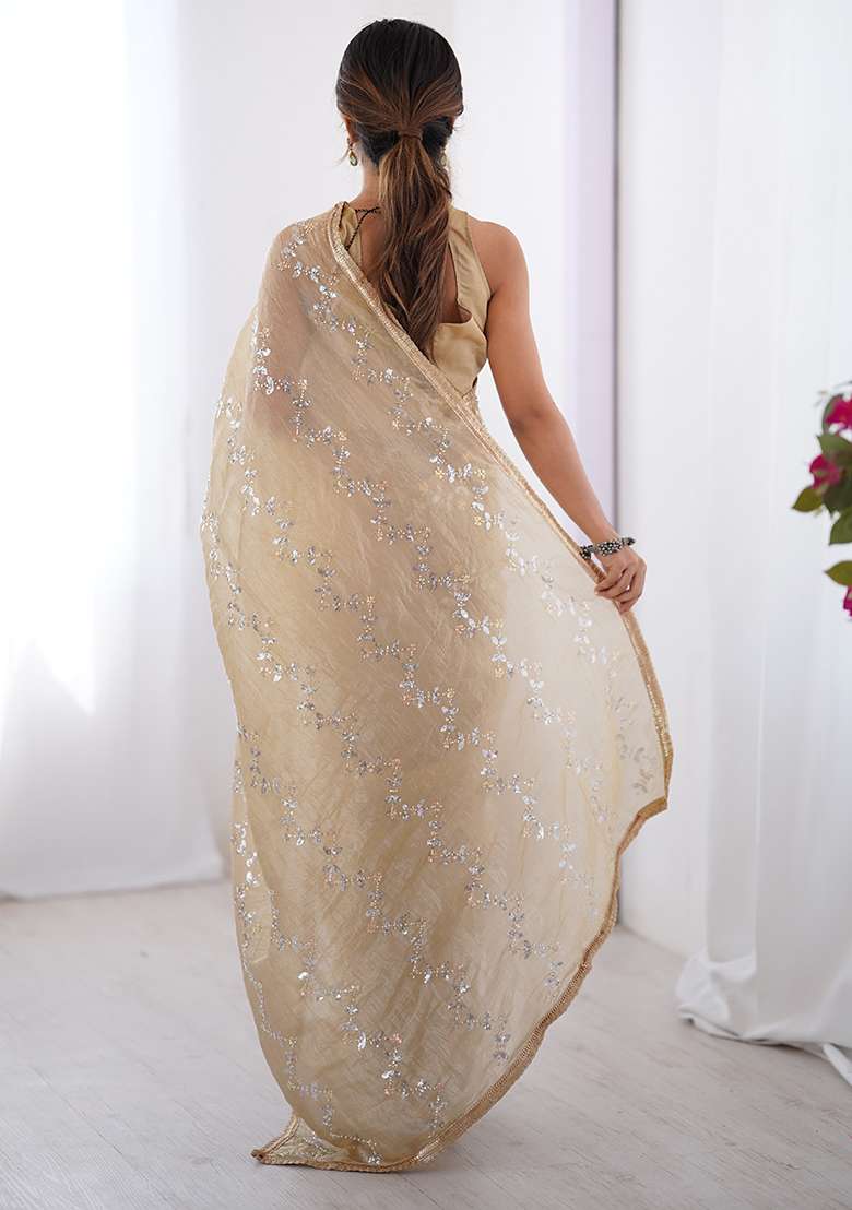 Golden Sequin Georgette Saree Set for Diwali and Festive Wear - Indya