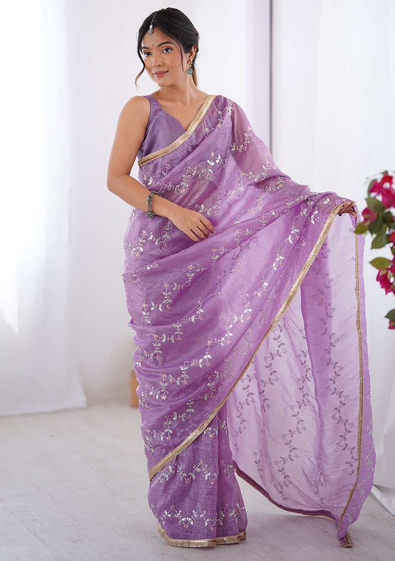 Lavender Georgette Saree Set with Sequin for Diwali | Wedding & Festive Wear - Indya