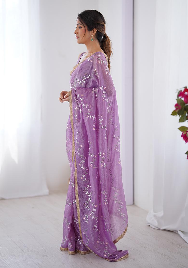 Lavender Sequin Georgette Saree Set - Indya