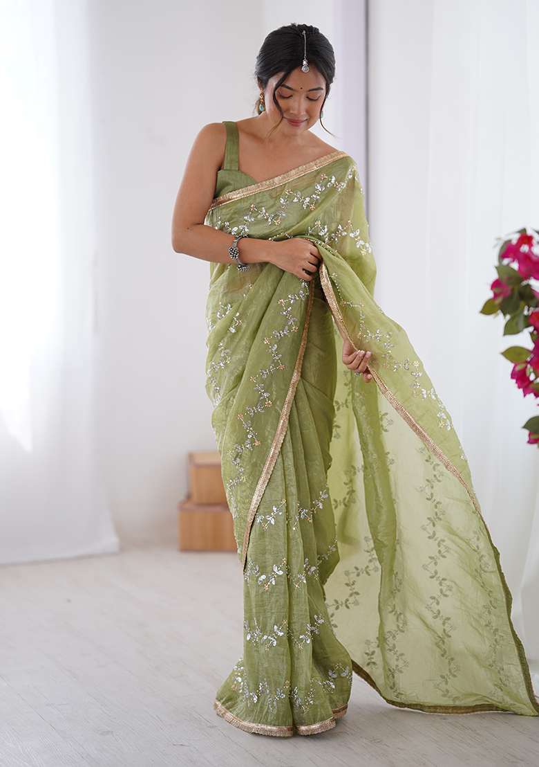 Sea Green Sequin Georgette Saree Set for Diwali and Festive Wear - Indya