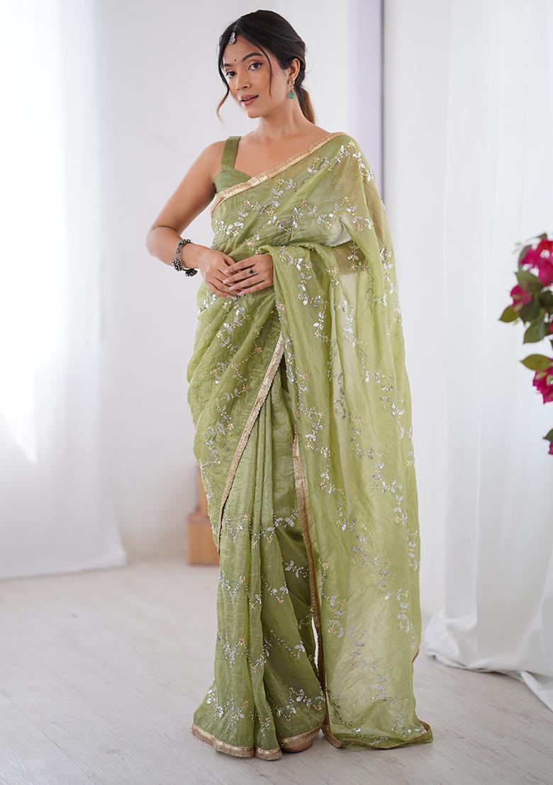 Sea Green Sequin Georgette Saree Set - Indya