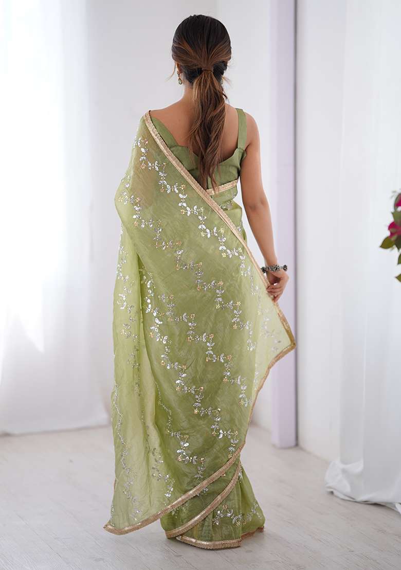 Sea Green Sequin Georgette Saree Set for Diwali and Festive Wear - Indya