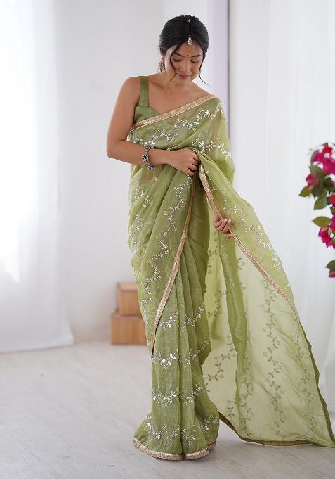 Sea Green Sequin Georgette Saree Set
