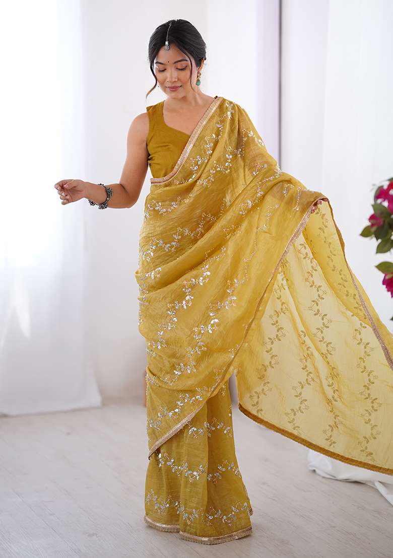 Yellow Sequin Georgette Saree Set for Diwali and Festive Wear - Indya