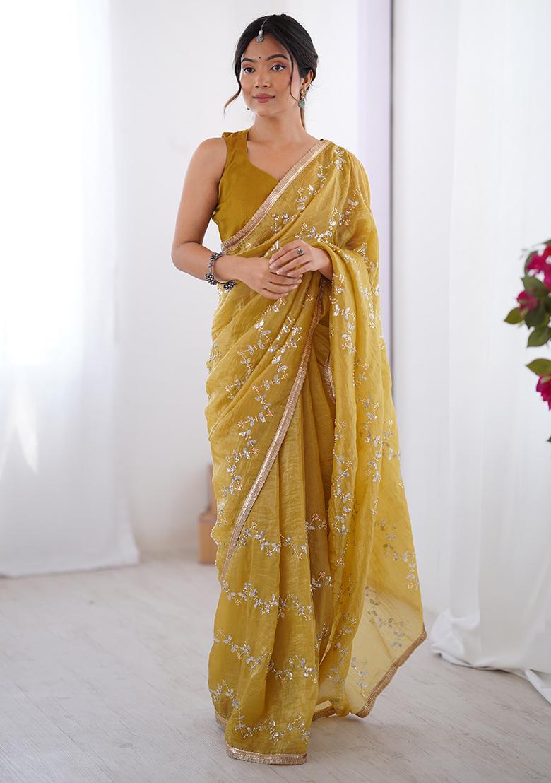 Yellow Sequin Georgette Saree Set - Indya