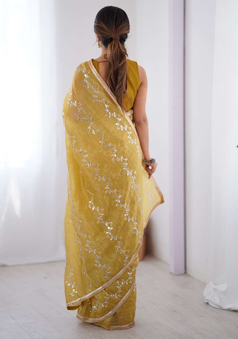 Yellow Sequin Georgette Saree Set for Diwali and Festive Wear - Indya