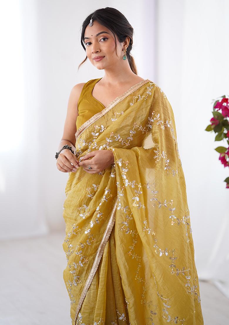 Yellow Sequin Georgette Saree Set - Indya
