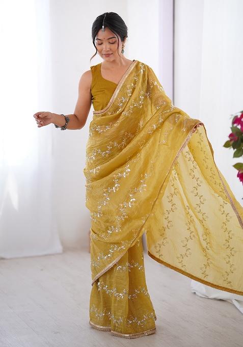 Yellow Sequin Georgette Saree Set