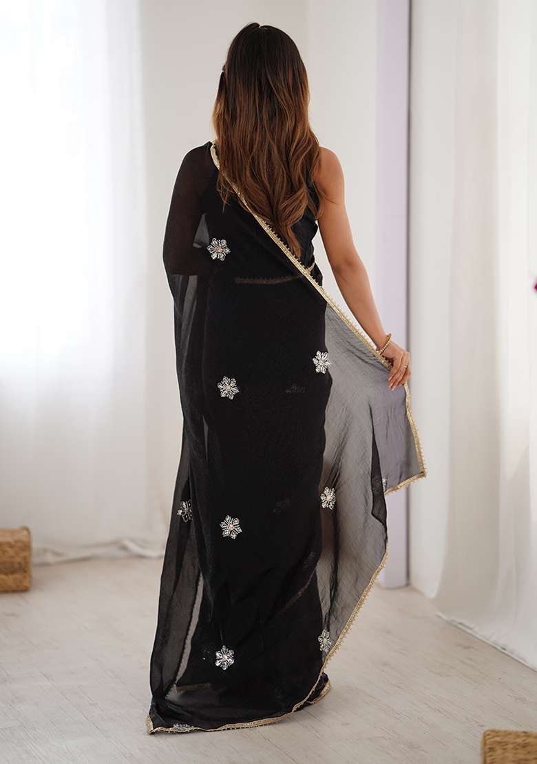 Black Georgette Saree Set with Sequin for Diwali | Wedding & Festive Wear - Indya