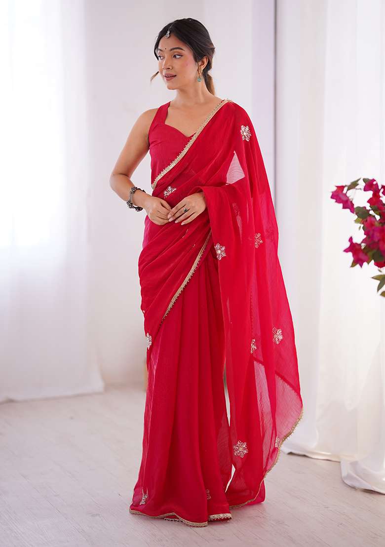 Red Sequin Georgette Saree Set for Diwali and Festive Wear - Indya