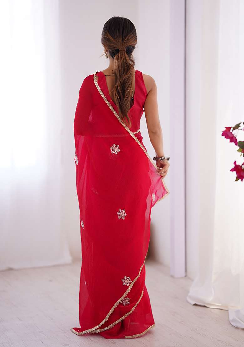Red Sequin Georgette Saree Set for Diwali and Festive Wear - Indya