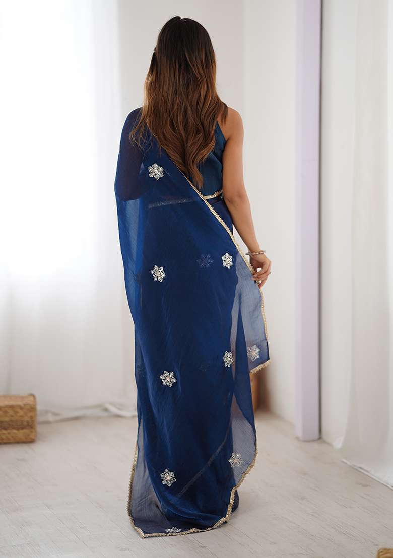 Teal Blue Sequin Georgette Saree Set for Diwali and Festive Wear - Indya