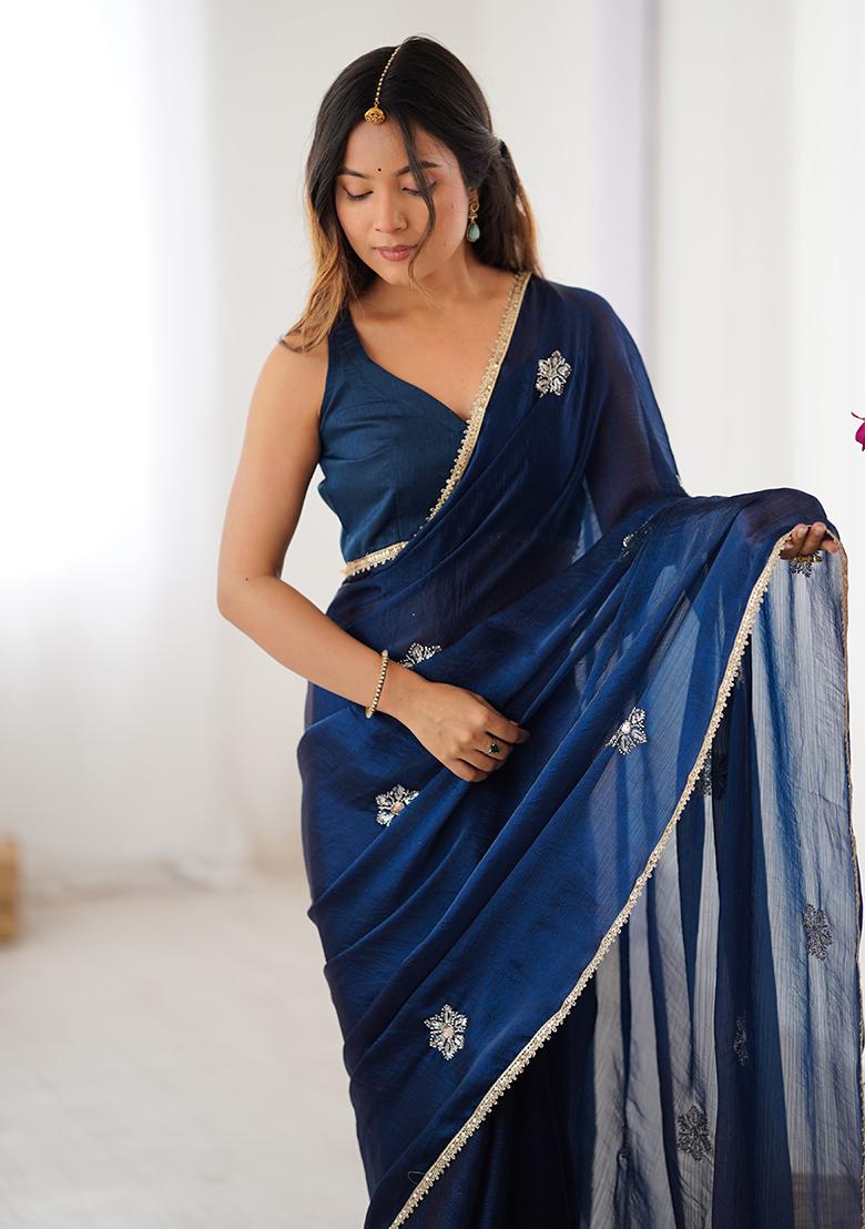 Teal Blue Sequin Georgette Saree Set - Indya