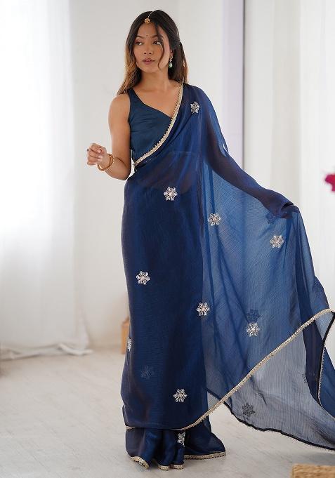 Teal Blue Sequin Georgette Saree Set