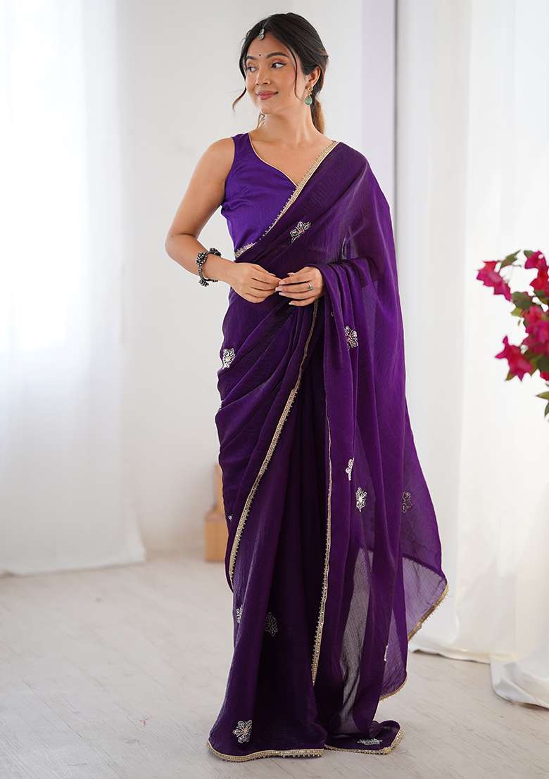Wine Sequin Georgette Saree Set for Diwali and Festive Wear - Indya