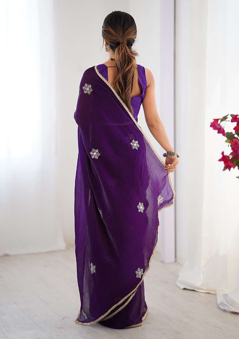 Wine Sequin Georgette Saree Set for Diwali and Festive Wear - Indya