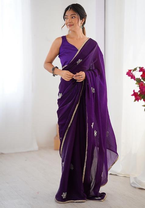 Wine Sequin Georgette Saree Set