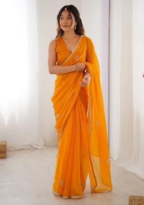 Yellow Sequin Georgette Saree Set