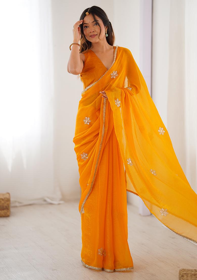 Yellow Sequin Georgette Saree Set - Indya