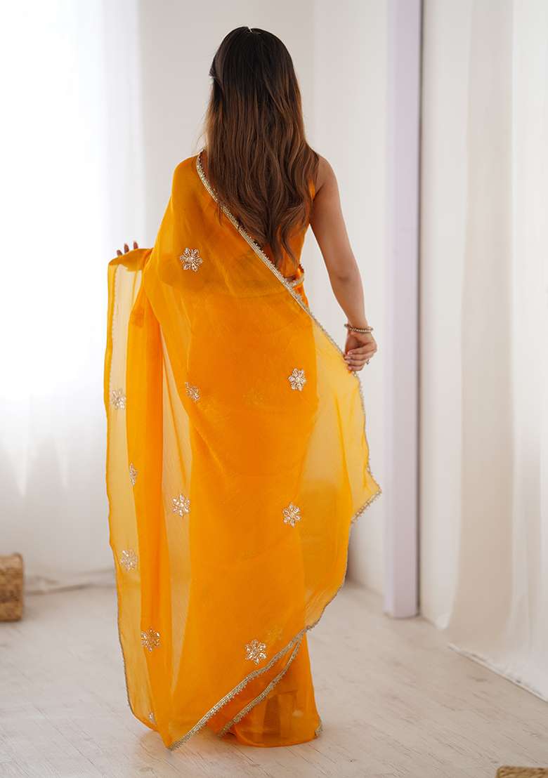 Yellow Sequin Georgette Saree Set for Diwali and Festive Wear - Indya