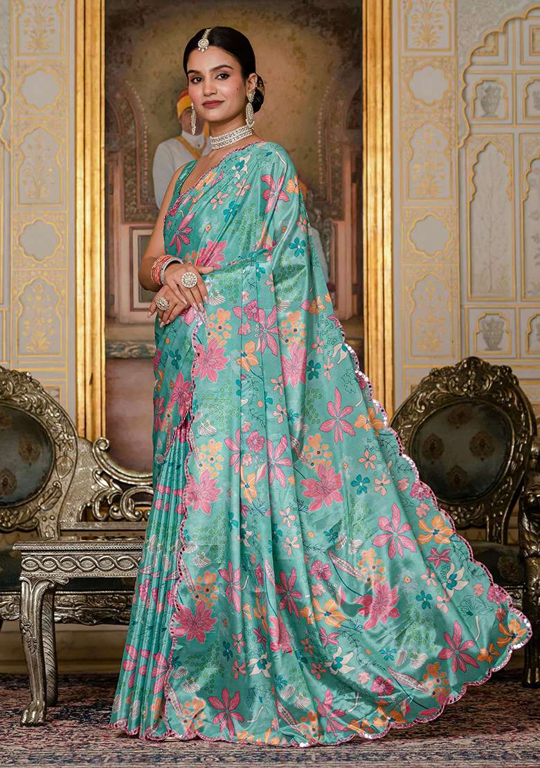 Teal Green Mirror Work Chinon Blend Saree Set for Diwali and Festive Wear - Indya