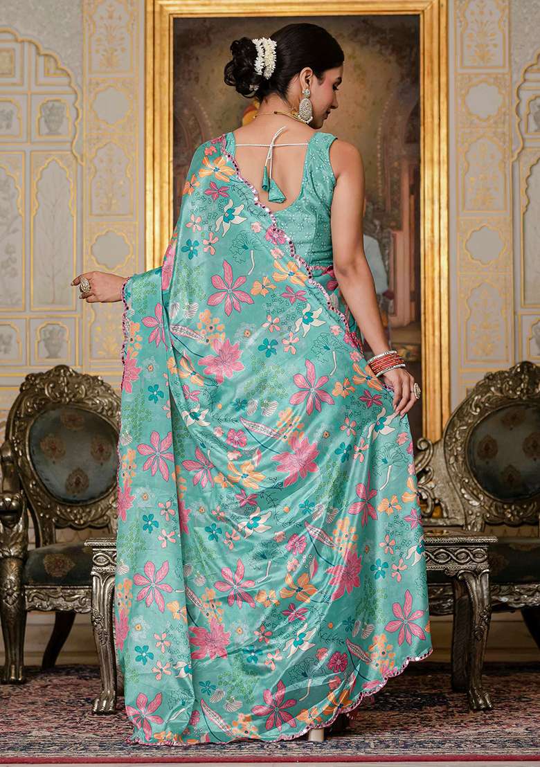 Teal Green Mirror Work Chinon Blend Saree Set for Diwali and Festive Wear - Indya