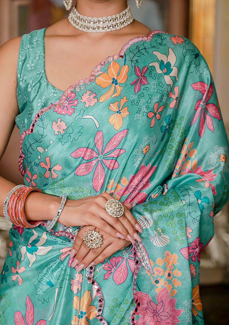 Teal Green Mirror Work Silk Saree Set - Indya