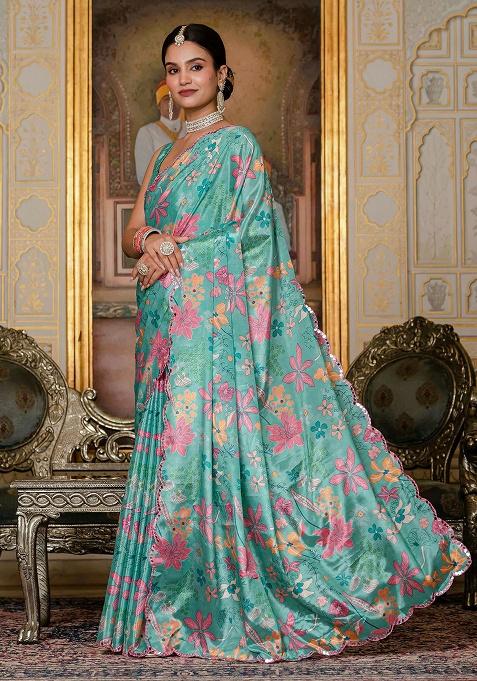 Teal Green Mirror Work Silk Saree Set