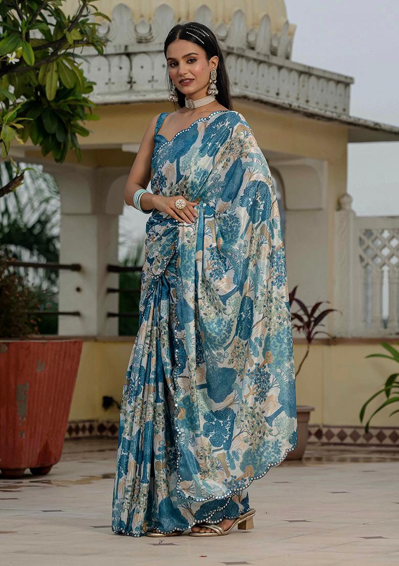 Teal Blue Mirror Work Silk Saree Set - Indya