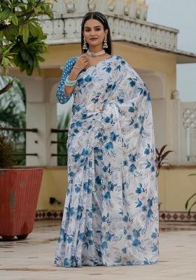 White Mirror Work Silk Saree Set