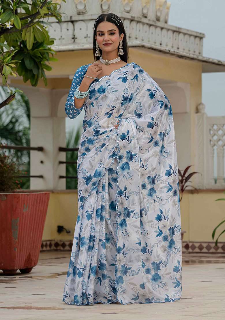 White Chinon Blend Saree Set with Mirror Work for Diwali | Wedding & Festive Wear - Indya