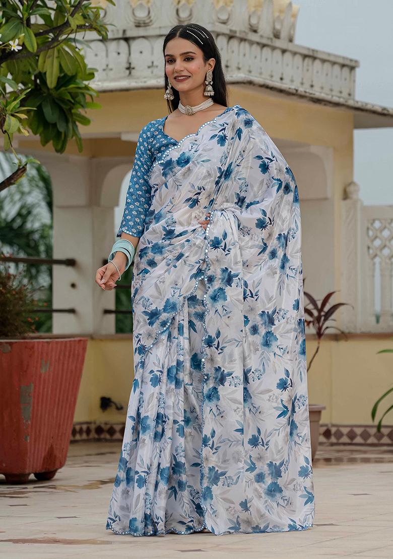 White Mirror Work Silk Saree Set - Indya