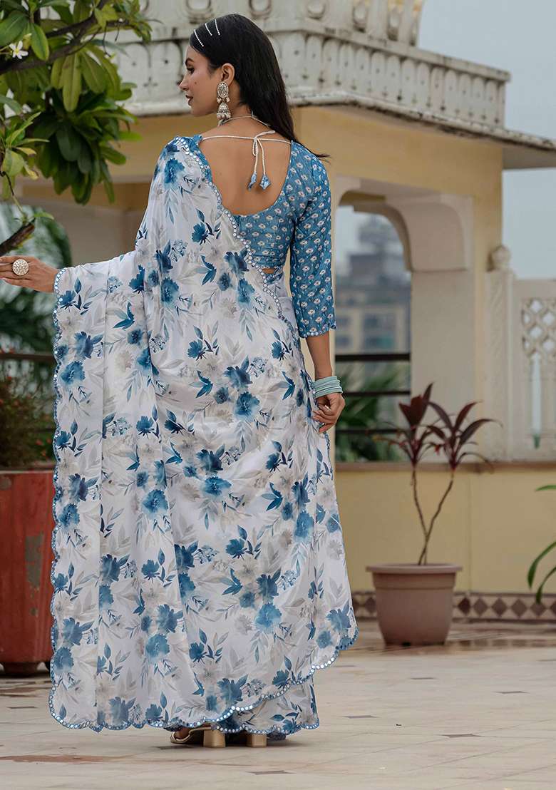 White Chinon Blend Saree Set with Mirror Work for Diwali | Wedding & Festive Wear - Indya
